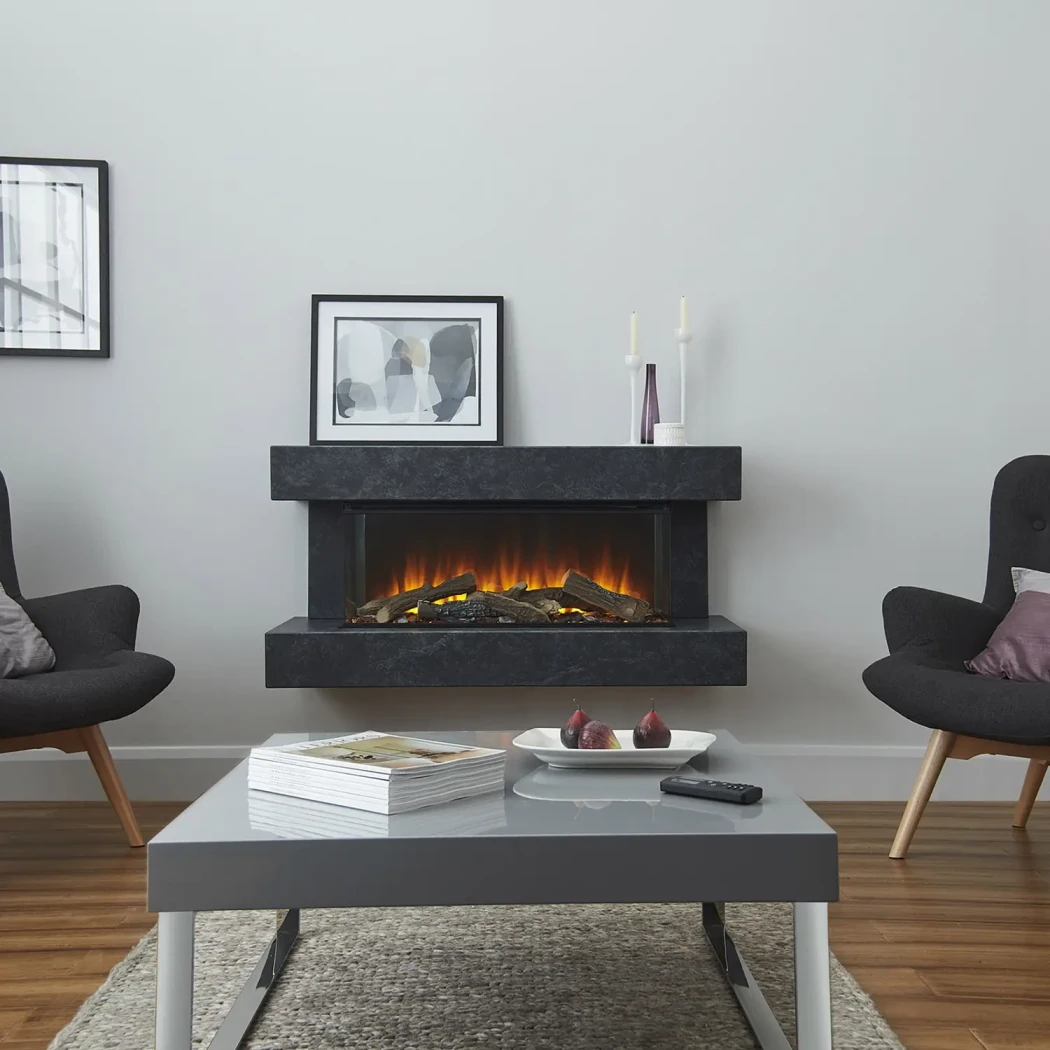 Winchester 870 Elektryczny Kominek przez British Fires | Szary Marmurowy Portal, Widok P?omienia z 3 Stron, Moc Grzewcza do 1,5 kW