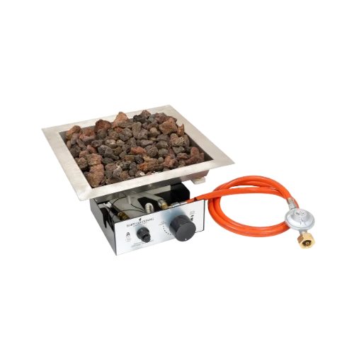 Palnik gazowy do zabudowy LPG Burner Square 36x36cm od Happy Cocooning – Stal nierdzewna 47 x 36,5cm – 8,5 kW – Zawiera kamienie lawowe i regulator.