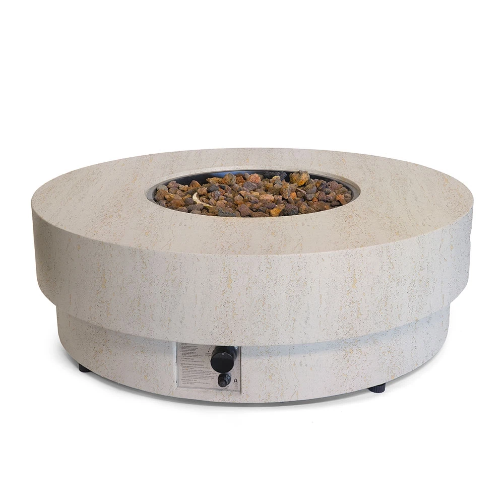 Stó? z paleniskiem gazowym Estate Round 105 Travertine od Happy Cocooning – 105 cm zewn?trzny stó? z kompozytu przypominaj?cego kamie?, 16,5 kW