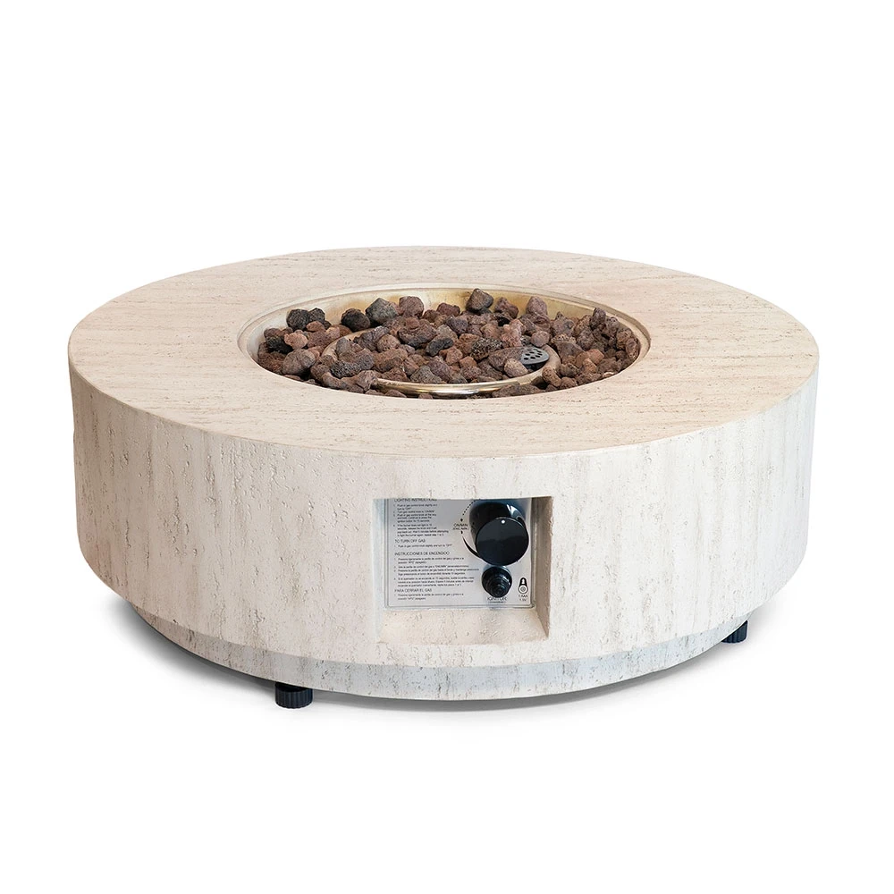 Stó? z paleniskiem gazowym Estate Round 76 Travertine od Happy Cocooning – 76 cm stó? z kompozytu o wygl?dzie kamienia, 13,5 kW na zewn?trz.