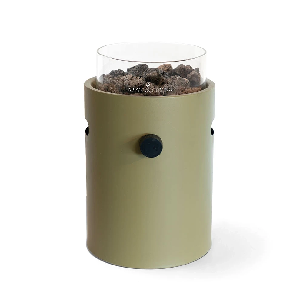 Lumi Olive Green Stolikowy Kominek Gazowy firmy Happy Cocooning – Stal Malowana Proszkowo 1,98 kW – Kompatybilny z EN417